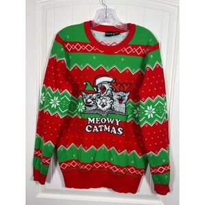 Mad Engine Meowy Catmas Ugly Christmas Sweater Red Green Cats Womens Large